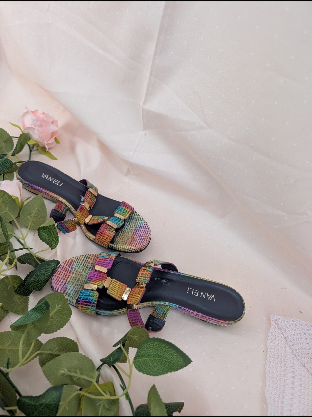 Vaneli Multicolor Woven Leather Slide Sandals